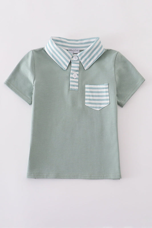 Striped Collar Polo Tee – Sage Green