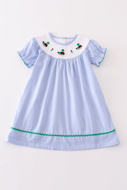 duck embroidered baby dress
girls gingham dress with ducks
toddler farm-themed dress
blue and green boutique dress
southern style baby dress
