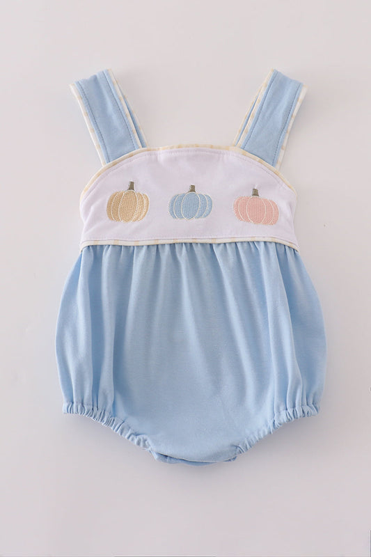 Light blue baby romper with embroidered pumpkins on a white background