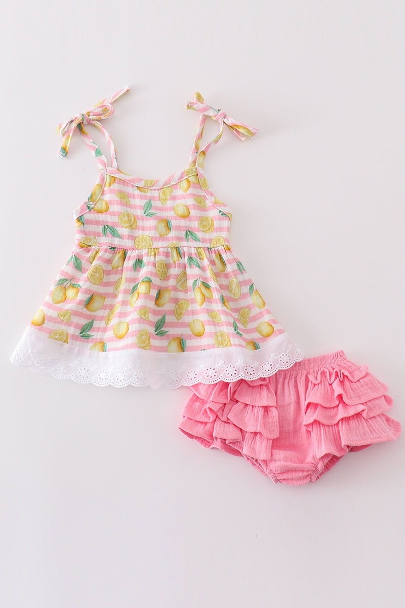 baby outfit muslin cotton breathable lightweight lemon pattern pink girl toddler outfit